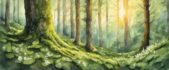 The trunk of a thick tree covered with moss and white flowers in the forest. Watercolor drawing.