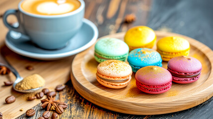Colorful french macarons close-up with ganache filling on a rustic wooden table sprinkled with gold...