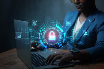 cybersecurity concept Business man shows how to protect cyber technology network from attack by...