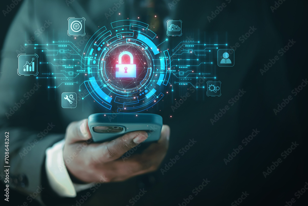Poster cybersecurity concept business man shows how to protect cyber technology network from attack by hack