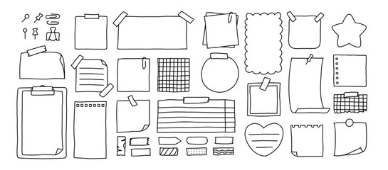Doodle paper notes, stickers, sticky sheets and tape set. To do list, memo messages with curled corner, notepads and torn paper with pin © Kristina Chistiakova