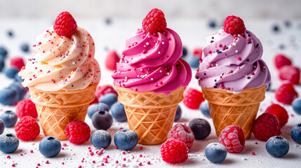 Ice cream of different colors in a waffle cone on a white background. Many different flavors such as strawberry, vanilla and caramel. Garnished with fruit. Advertising for an ice cream parlor.