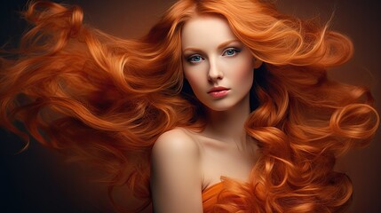 Fototapeta premium Beautiful female face with powerful silky hair and chic hairstyle done in a beauty salon. Perfect image of a beautiful red-haired woman with developing hair. Illustration for beauty magazine.