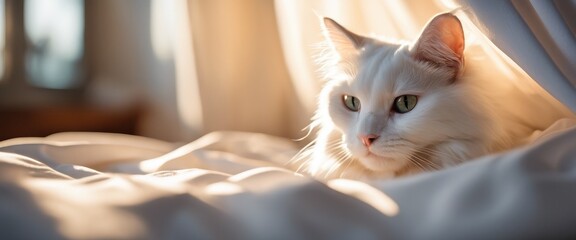 A snow-white cat is lying on a white bed. The setting sun on the background.