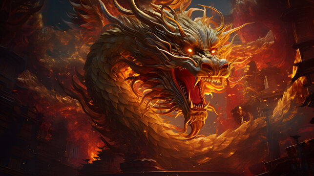  Majestic Golden Chinese Dragon. Celebrating Imlek Chinese New Year. Chinese New Year Fantasy Dragon Background.