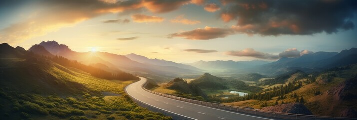 A curvy road winds through the mountains in sunset