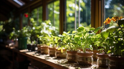 Indoor plants on a shelf in a greenhouse