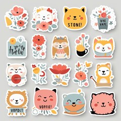 a bunch of stickers with animals and flowers on them