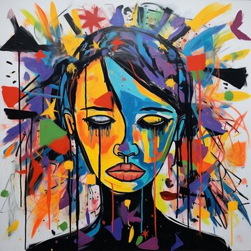 a painting of a woman's face with multicolored paint splatters