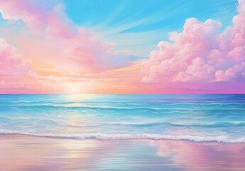 Obraz premium Splashing blue water ocean waves reach sandy beach. Nature background. Modern screen design. Illustration for cover, card, postcard, banner, poster, brochure or presentation.