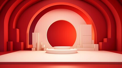 Abstract 3D red room with white cylinder base or podium standing in fireplace shaped window, valentine's day concept. generative ai - obrazy, fototapety, plakaty