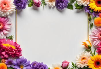 Fototapeta na wymiar Elegant golden thin border frame of multiple wet fresh flowers on a white background