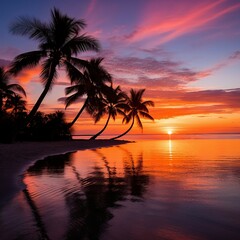 a beautiful sunset on a tropical beach with palm trees