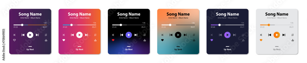 Poster music player interface ui/ux design set of six in simple and gradient style. profile, album, song, p