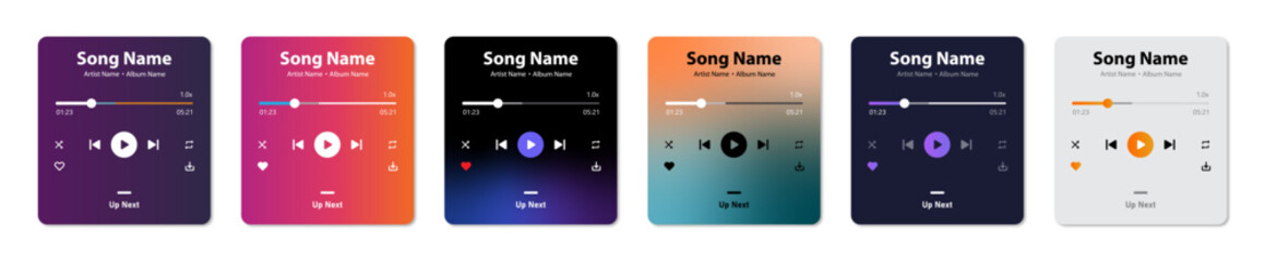 Music player interface UI/UX design set of six in simple and gradient style. Profile, Album, Song, Playlist mockup. music player, music player template, Music Player app design, screen. Vector © Kingwardobe
