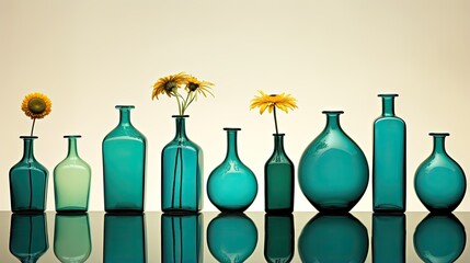 Transparent blue glass bottles are displayed in a row and each holds a single yellow gerbera flower. Illustration for cover, card, postcard, interior design, banner, poster, brochure or presentation.