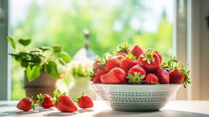 Ripe sweet strawberries in a bowl. Macro of fresh organic berries. Fruit background. Food ecology and agriculture. Illustration for banner, poster, cover, brochure, advertising, marketing, etc.