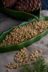 Tasty and healthy nuts rich in protein and oils close-up in green dishes. Peeled pine nuts and brown pine cone in green plates on old burlap. 
