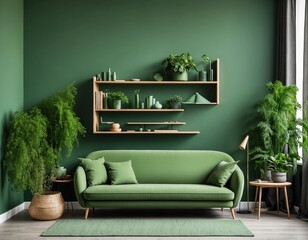 Green sofa and chair against green wall with book shelf. Scandinavian home interior design of modern