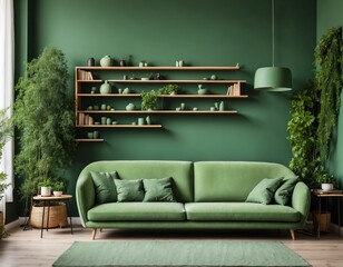 Green sofa and chair against green wall with book shelf. Scandinavian home interior design of modern