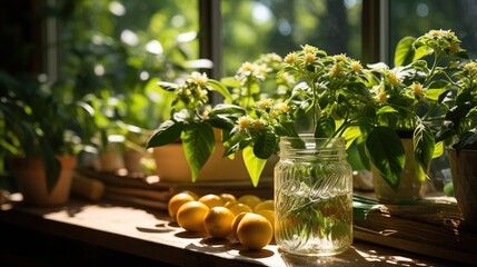 Still life with lemons and flowers by the window - obrazy, fototapety, plakaty