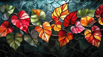 Stained glass window background with colorful Flower and Leaf abstract.	