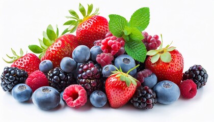 Contrast Berries: Ripe and Fragrant Summer Mix on White Canvas - obrazy, fototapety, plakaty