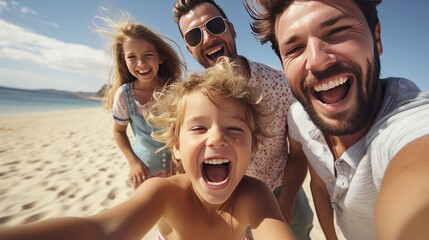 Family joy at the beach: A happy African family enjoys summer vacation, creating joyful moments in the sun.