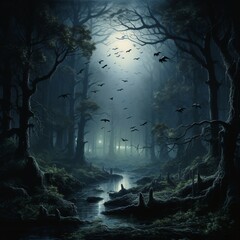 a painting of a dark forest with a stream running through it