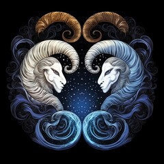 two rams with long horns are facing each other - obrazy, fototapety, plakaty