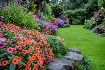 Fototapeta na wymiar Lush Garden Path with Vibrant Flower Beds.