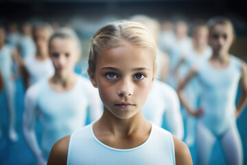 Focused young gymnast with teammates in the background