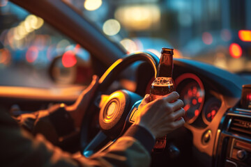 Dangerous Driving with Alcohol Bottle in Hand. - obrazy, fototapety, plakaty