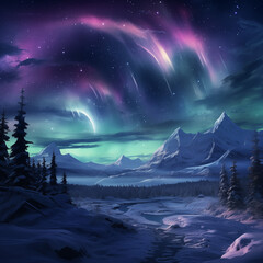 Winter landscape in an arctic area with turquoise and purple norther lights and stars at the night sky