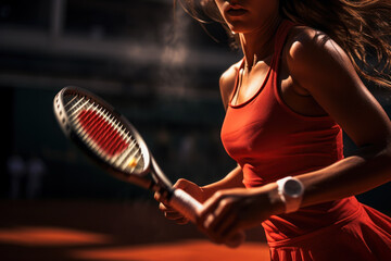 Focused Female Tennis Player Swinging Racket.