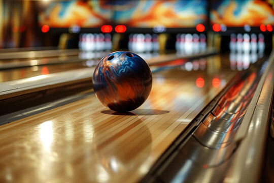 Bowling Ball Ready to Strike on Shiny Alley.