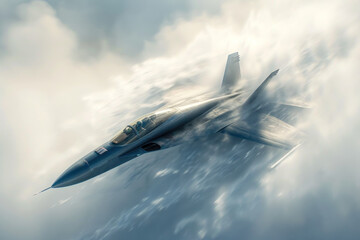 Supersonic Fighter Jet Soaring High Among Clouds.