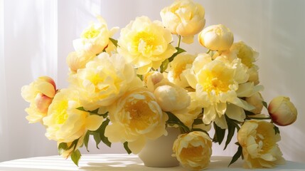 A bouquet of yellow peonies in a vase on the windowsill for congratulations on Mother's Day, Valentine's Day, Women's Day. Romantic background and greeting card.