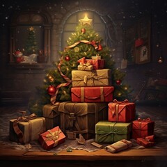 a painting of a christmas tree surrounded by presents