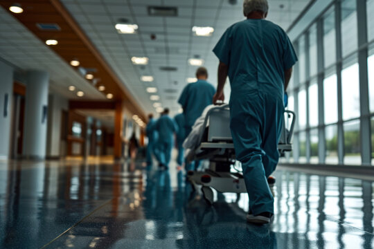 Hospital Staff Pushing Patient on Gurney.