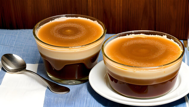 A delicious image depicting a couple of massive caramel puddings,ai generated