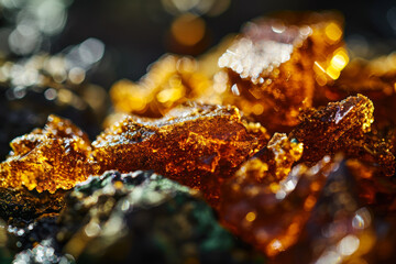 Golden Copper Ore Close-up with Sparkling Light.