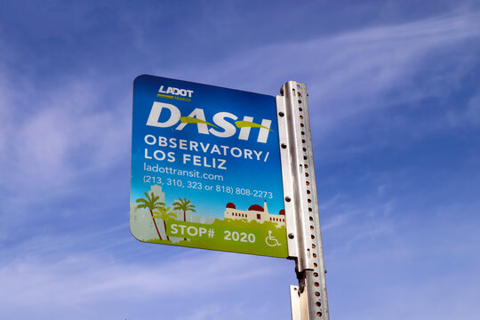 Los Angeles, California – December 11, 2023: Los Angeles LADOT Transit DASH Bus Stop at Griffith Park (bus to Griffith Observatory)