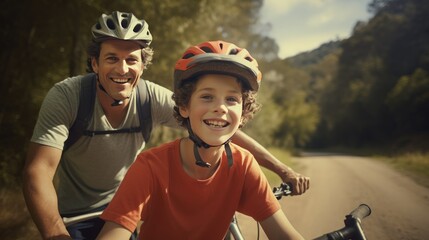 Fototapeta na wymiar Fatherly bike lesson: heartwarming moment as a father teaches his son to ride a bicycle on the road.