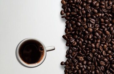 Black coffee beans and cup 