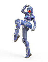 futuristic astronaut girl in a action kick pose