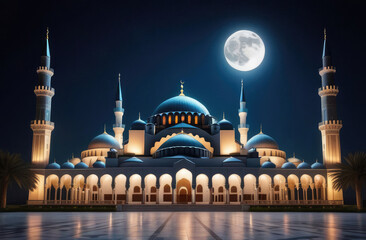 full moon above Muslim mosque at night. Arabian temple under stars.