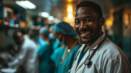 Fototapeta premium Portrait of the African doctor smiling to the camera. Doctors on Africa.