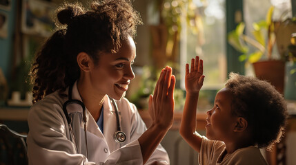 Little kid giving hive five to a doctor in the clinic. Children heath care.