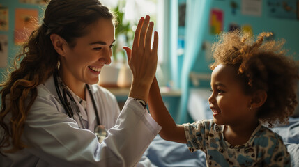 Little kid giving hive five to a doctor in the clinic. Children heath care. - obrazy, fototapety, plakaty